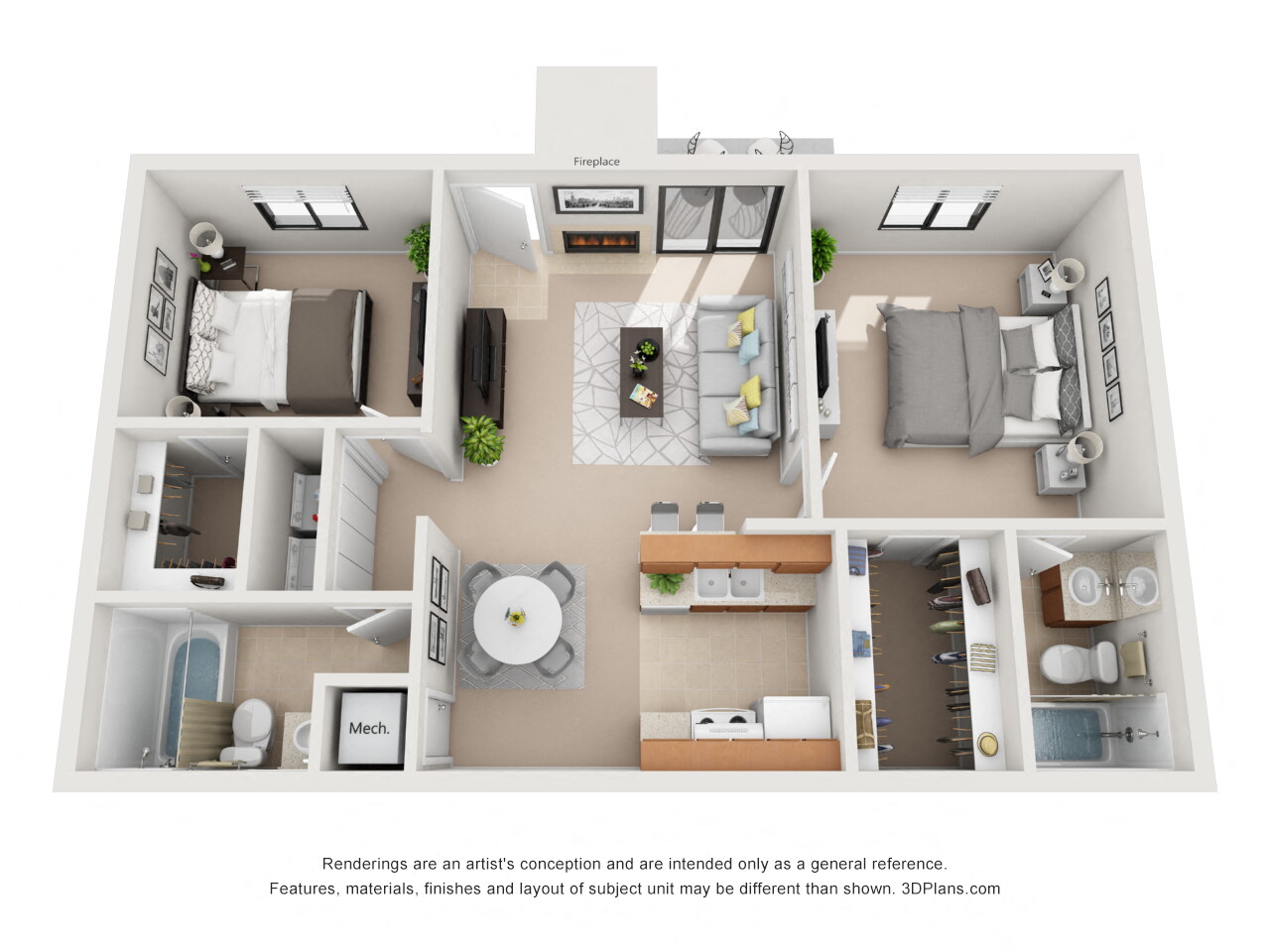Floor plan for 2 beds, 2 baths, 875 sqft